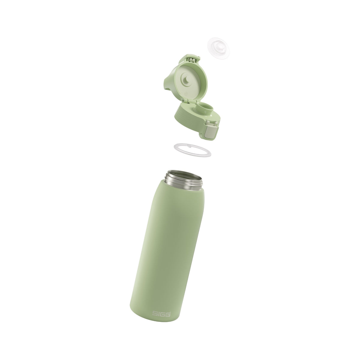 SIGG Shield One teräksinen juomapullo Eco Green 1,0 l, osiin purettuna